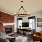 Ember wagon wheel chandelier with glass shades in bedroom