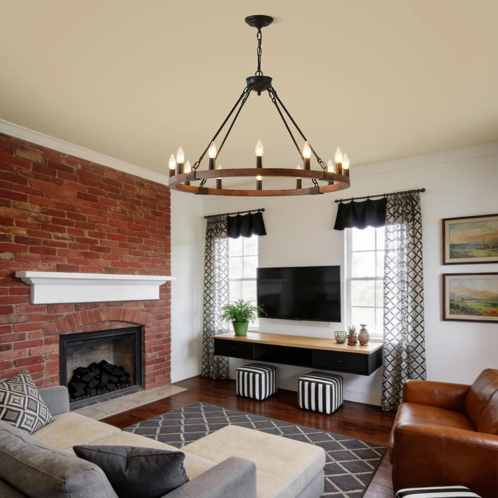 Ember wagon wheel chandelier with glass shades in bedroom