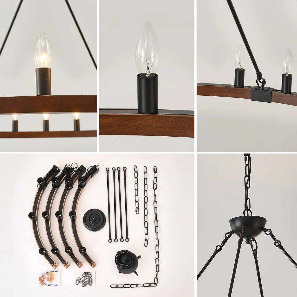 Ember wood wagon wheel chandelier luxury home decor lifestyle installation