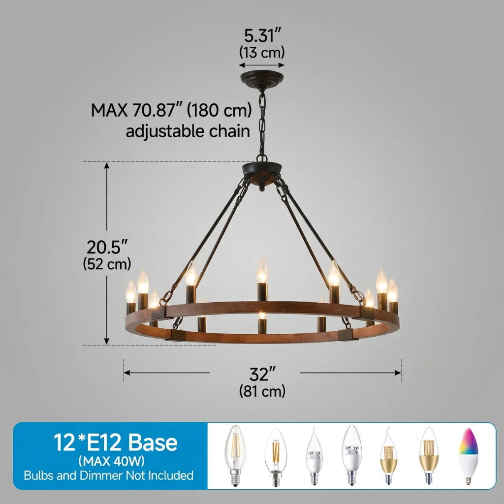 Ember wagon wheel chandelier angled perspective view
