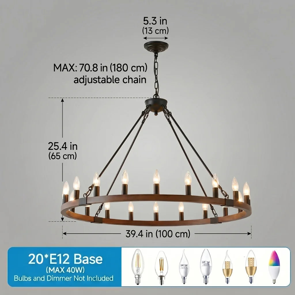 Ember wood wagon wheel chandelier glass shade detail close-up
