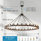 Ember wagon wheel chandelier in rustic farmhouse dining room