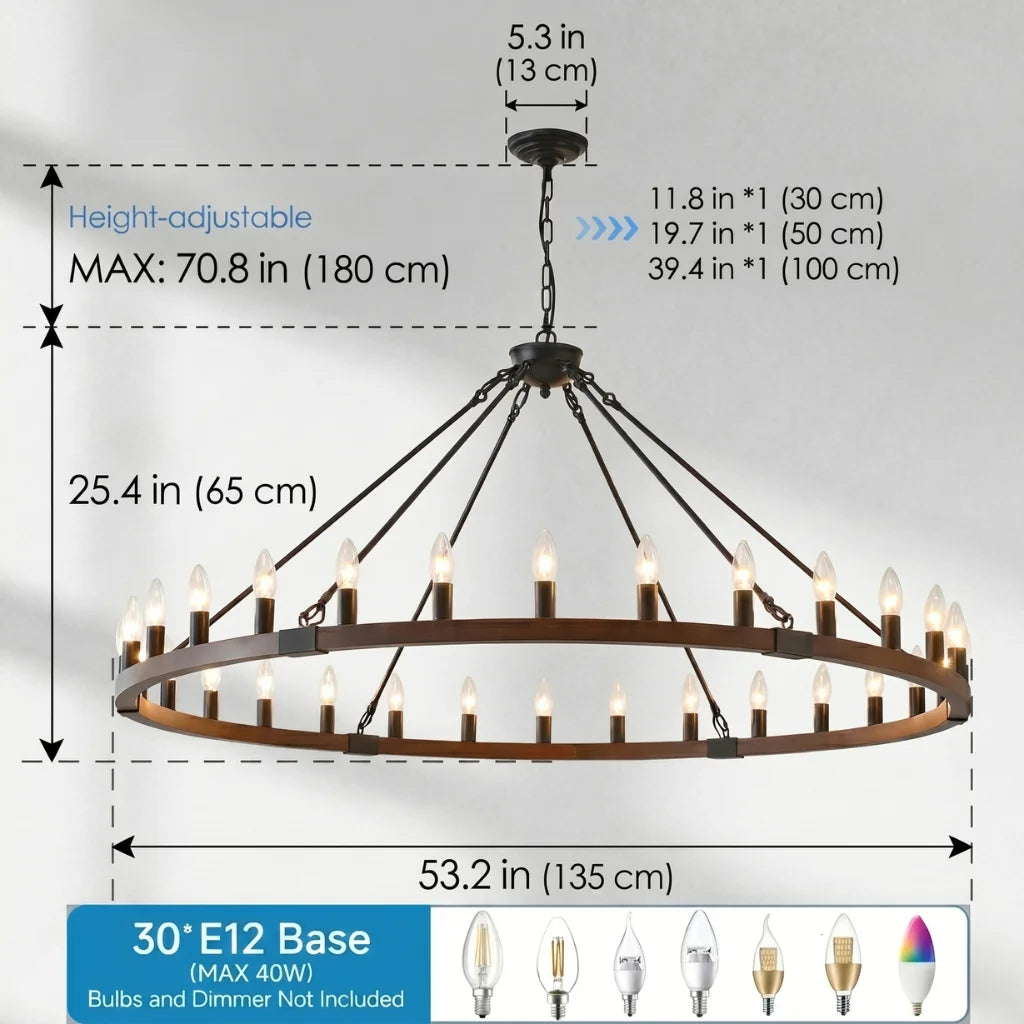 Ember wagon wheel chandelier in rustic farmhouse dining room