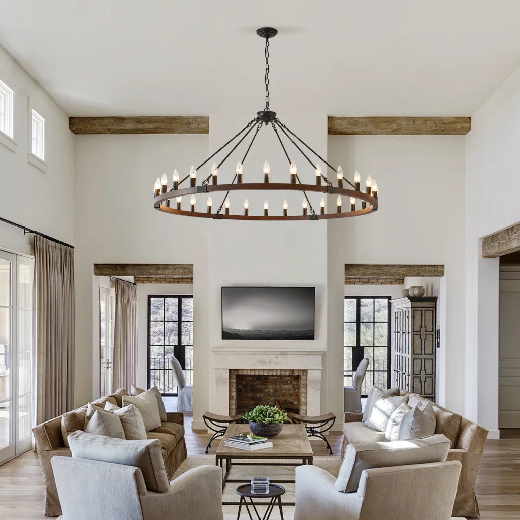 Ember wood wagon wheel chandelier in modern living room setting