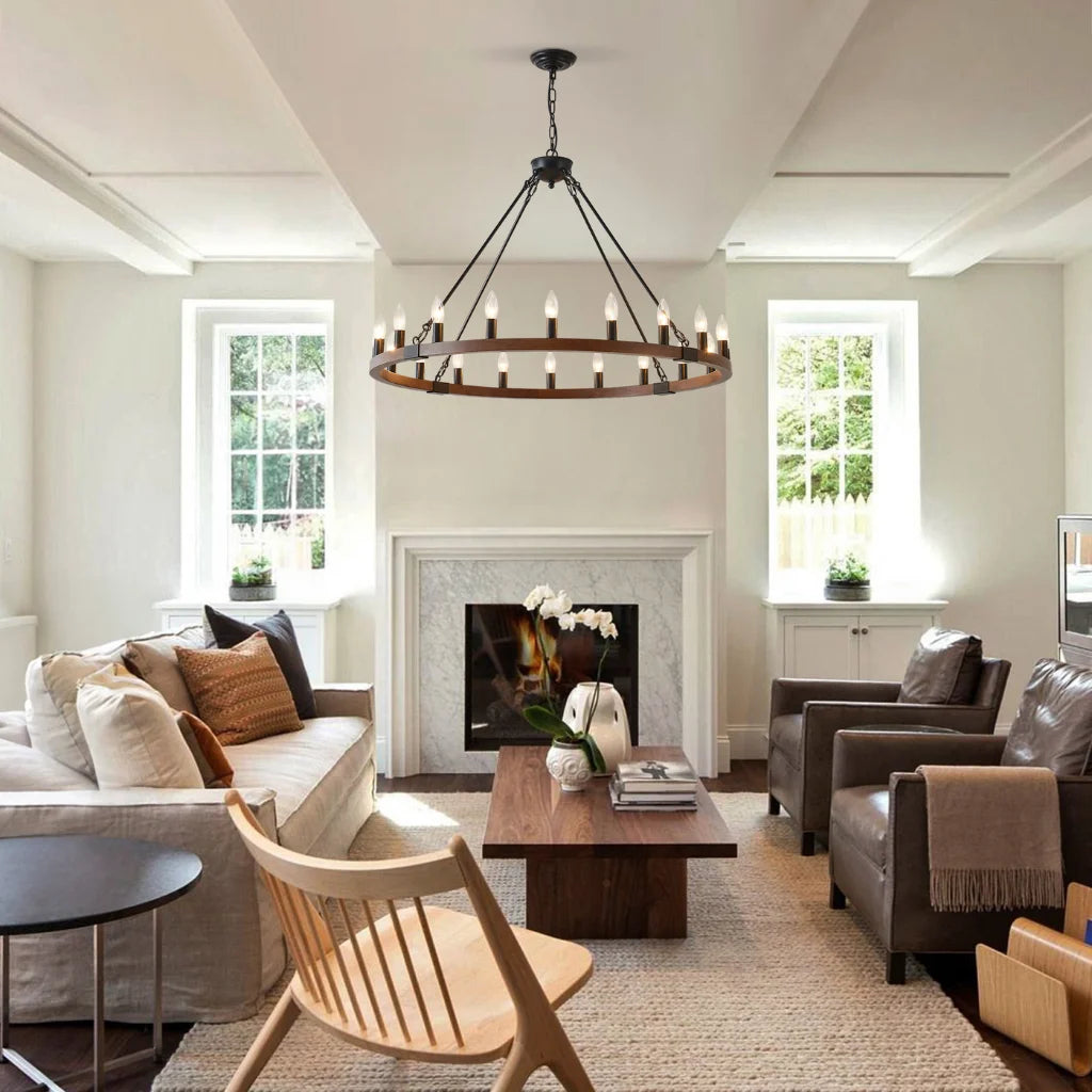 Ember wagon wheel chandelier in farmhouse foyer entryway