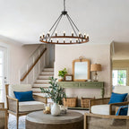Ember wood wagon wheel chandelier alternate angle with warm lighting
