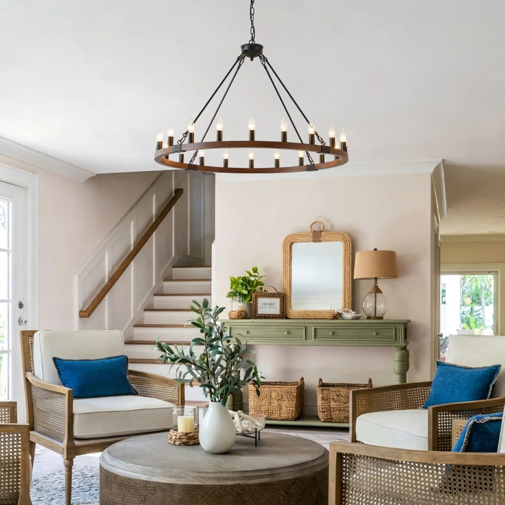 Ember wood wagon wheel chandelier alternate angle with warm lighting