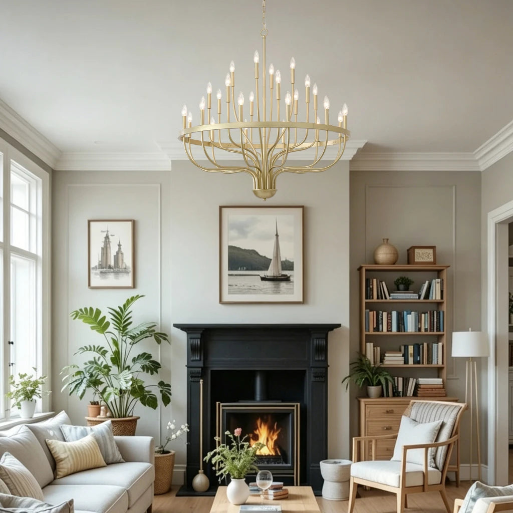 Coronet Industrial Iron Candle Chandelier decorative gold scrollwork and ornamental detail