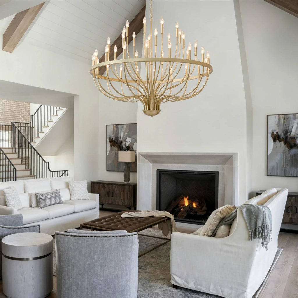 Coronet Industrial Iron Candle Chandelier wrought iron and gold accent detail close-up