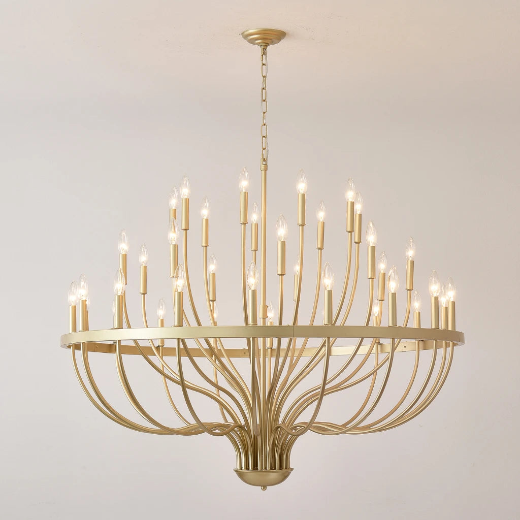 Coronet Industrial Iron Candle Chandelier brushed gold finish surface texture close-up