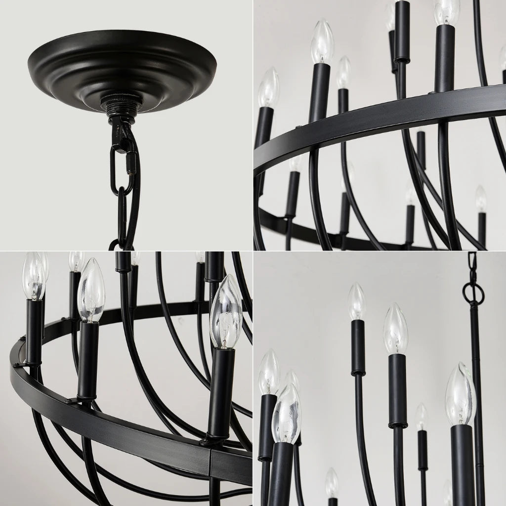 Coronet Industrial Iron Candle Chandelier matte black and polished gold contrast detail
