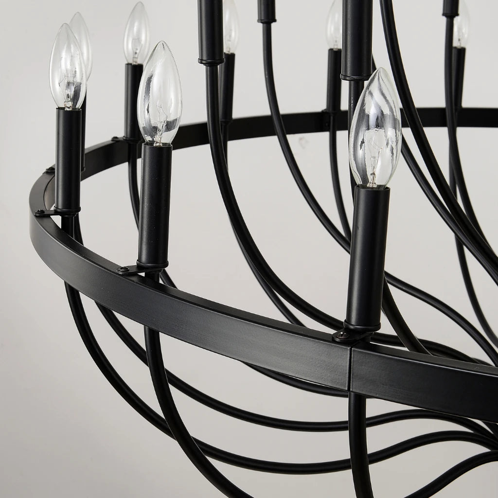 Coronet Industrial Iron Candle Chandelier matte black iron finish texture close-up