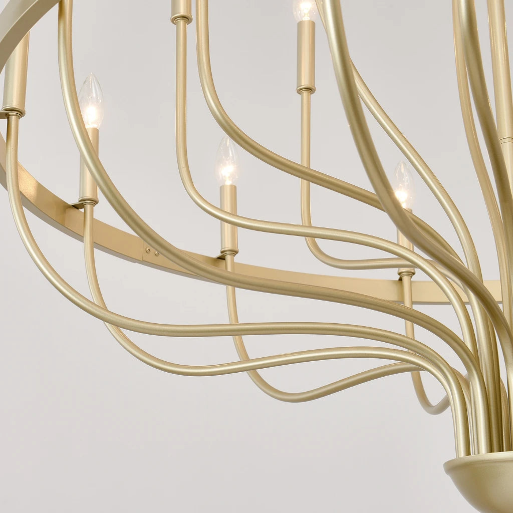 Coronet Industrial Iron Candle Chandelier antique brass gold surface texture close-up