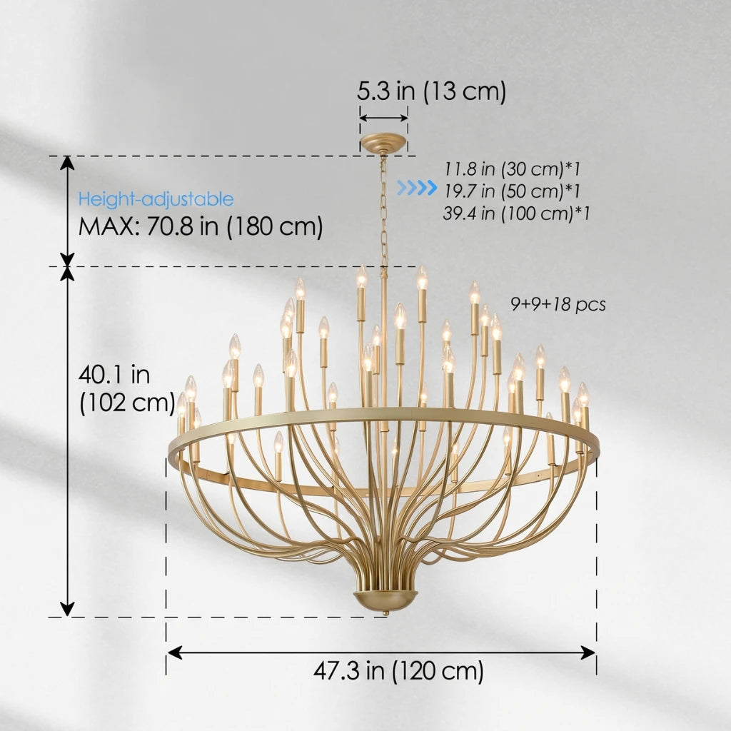 Coronet Industrial Iron Candle Chandelier gold finish view from below on white background