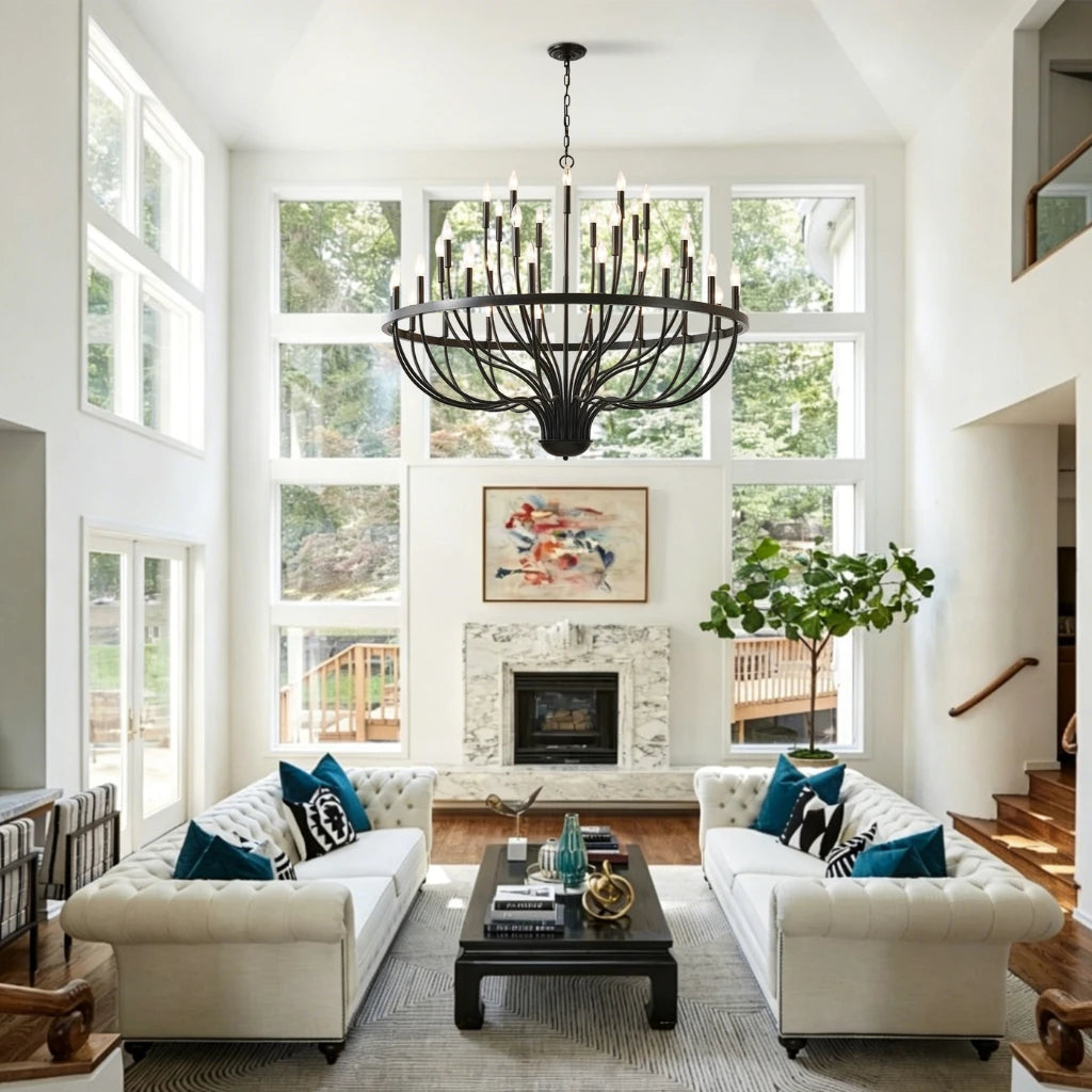 Coronet Industrial Iron Candle Chandelier ceiling chain and canopy mounting detail