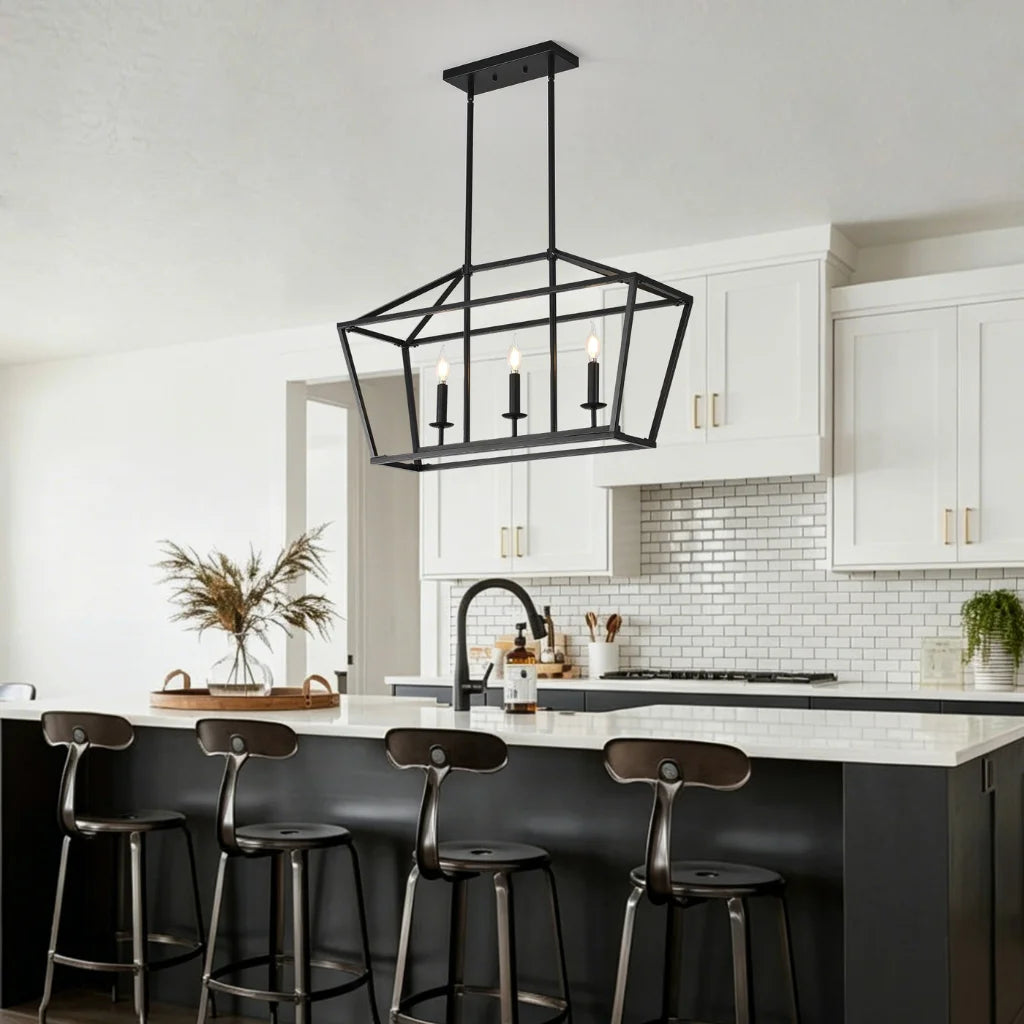 Atrium Matte Black Industrial Linear Chandelier in farmhouse kitchen setting