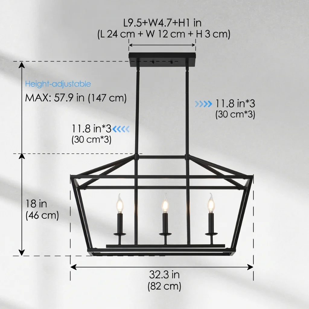 Atrium Matte Black Industrial Linear Chandelier in dining room setting with warm lighting