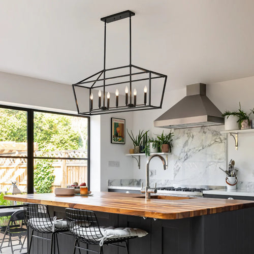 Atrium Matte Black Industrial Linear Chandelier matte black metal frame detail close-up