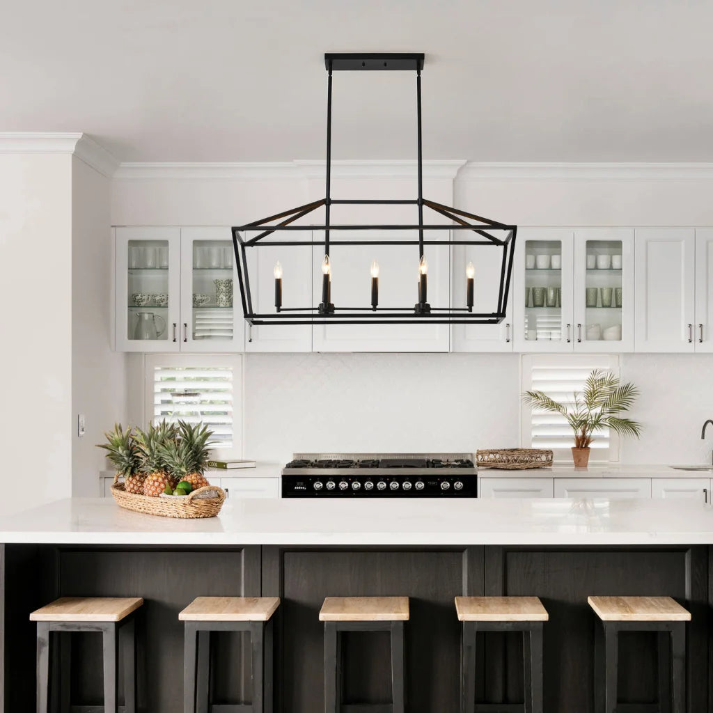 Atrium Matte Black Industrial Linear Chandelier light fixture and bulb socket detail close-up