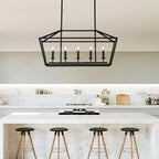 Atrium Matte Black Industrial Linear Chandelier in open concept kitchen and dining space