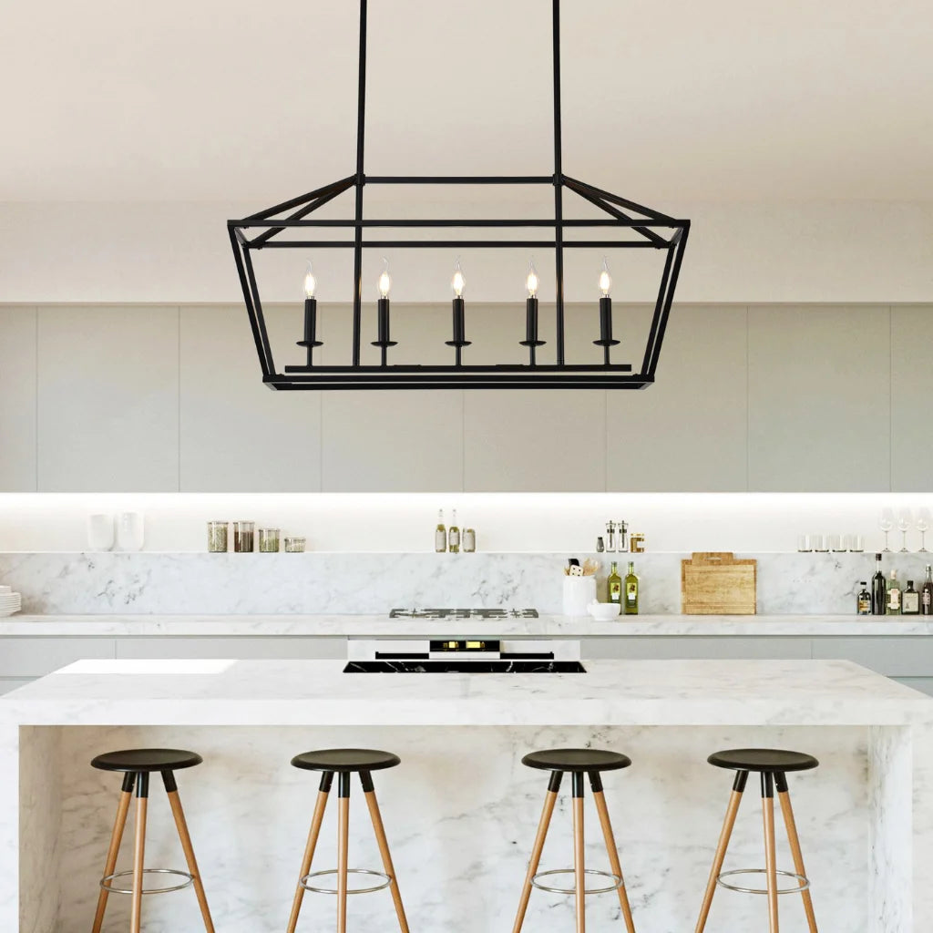 Atrium Matte Black Industrial Linear Chandelier in open concept kitchen and dining space