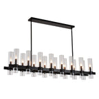 Aero matte black wood linear farmhouse chandelier with clear glass shades front view on white background
