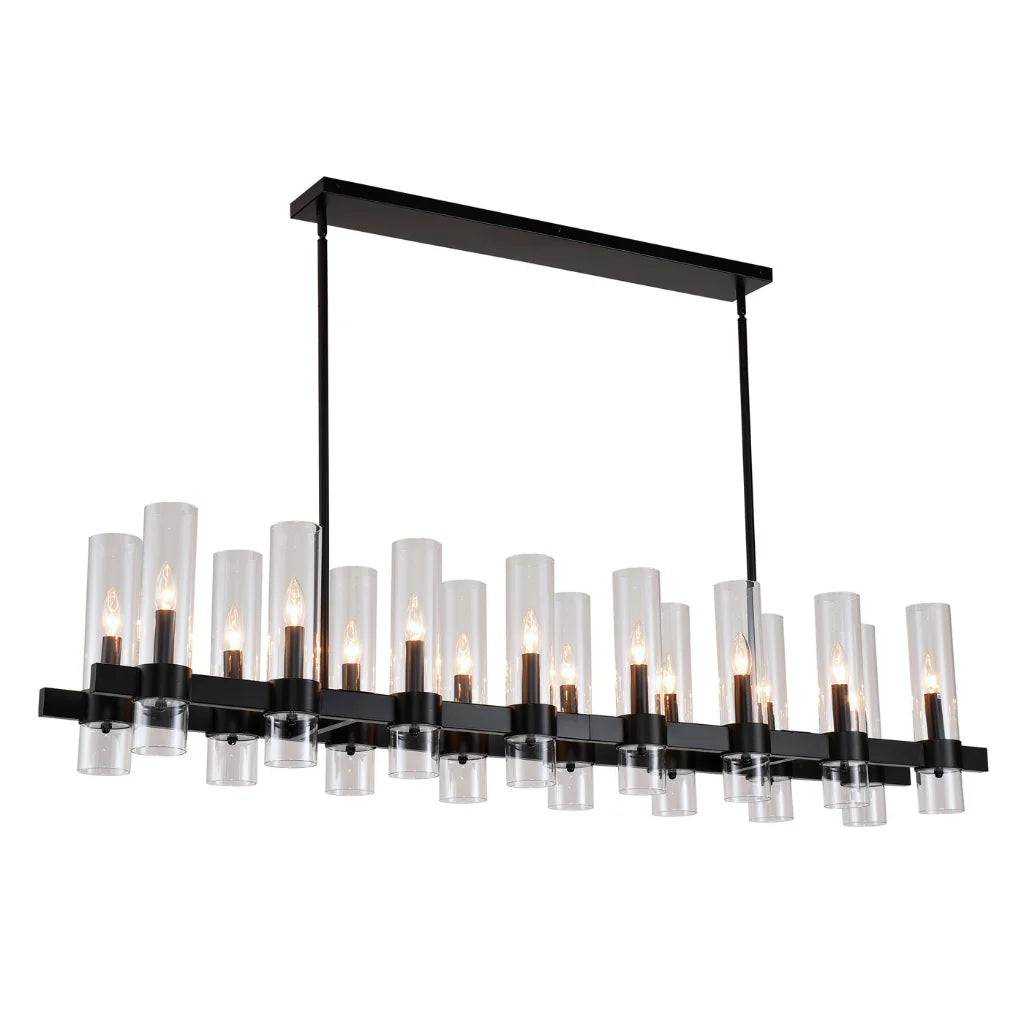 Aero matte black wood linear farmhouse chandelier with clear glass shades front view on white background