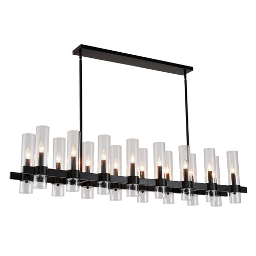 Aero matte black wood linear farmhouse chandelier with clear glass shades front view on white background