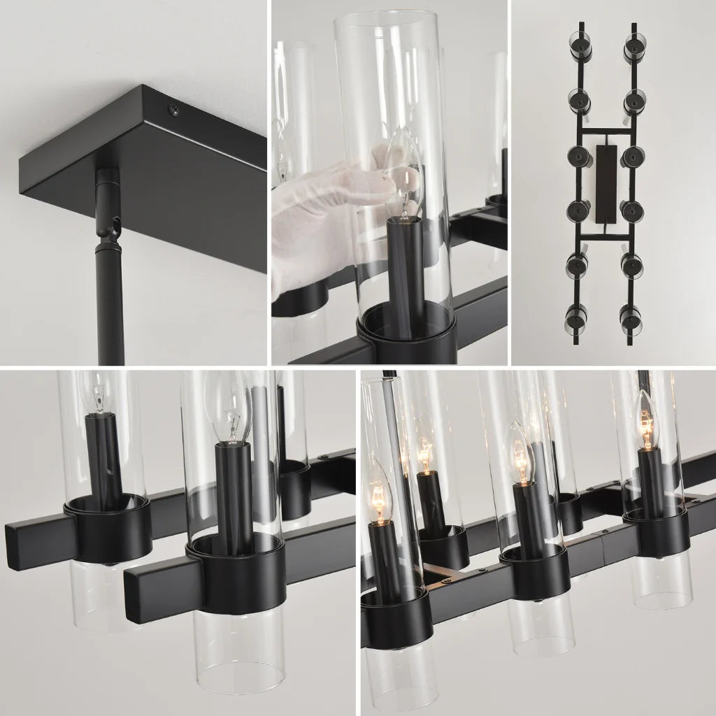 Aero matte black linear farmhouse chandelier packaging and assembly components