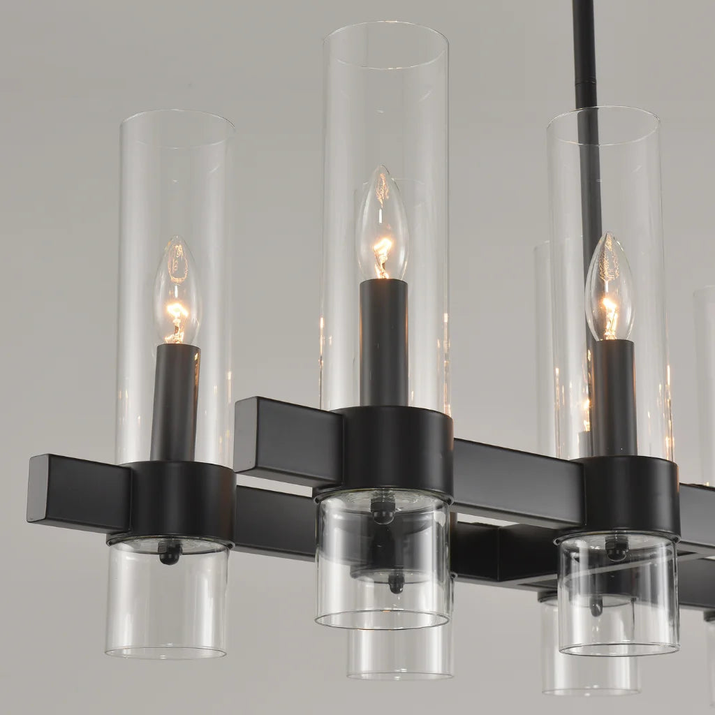 Aero matte black linear farmhouse chandelier close-up showing light arrangement