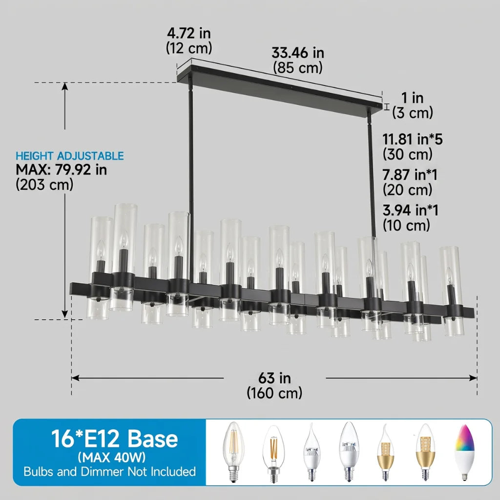 Aero matte black linear farmhouse chandelier above dining room table setting