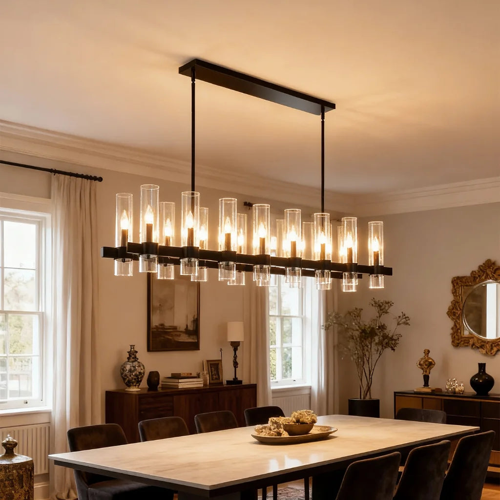 Aero matte black linear farmhouse chandelier in living room setting