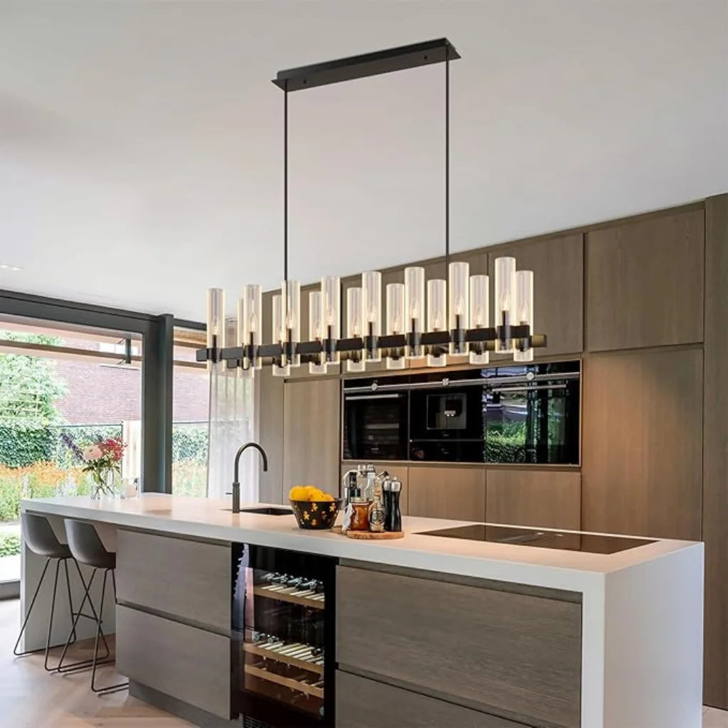 Aero matte black linear farmhouse chandelier clear glass shade detail close-up