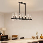 Aero matte black linear farmhouse chandelier matte black metal and wood frame detail close-up