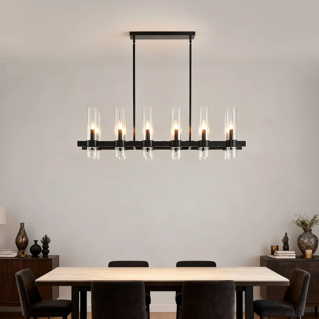 Aero matte black linear farmhouse chandelier side angle view on white background