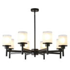 Clara matte black farmhouse chandelier with frosted glass shades front view on white background