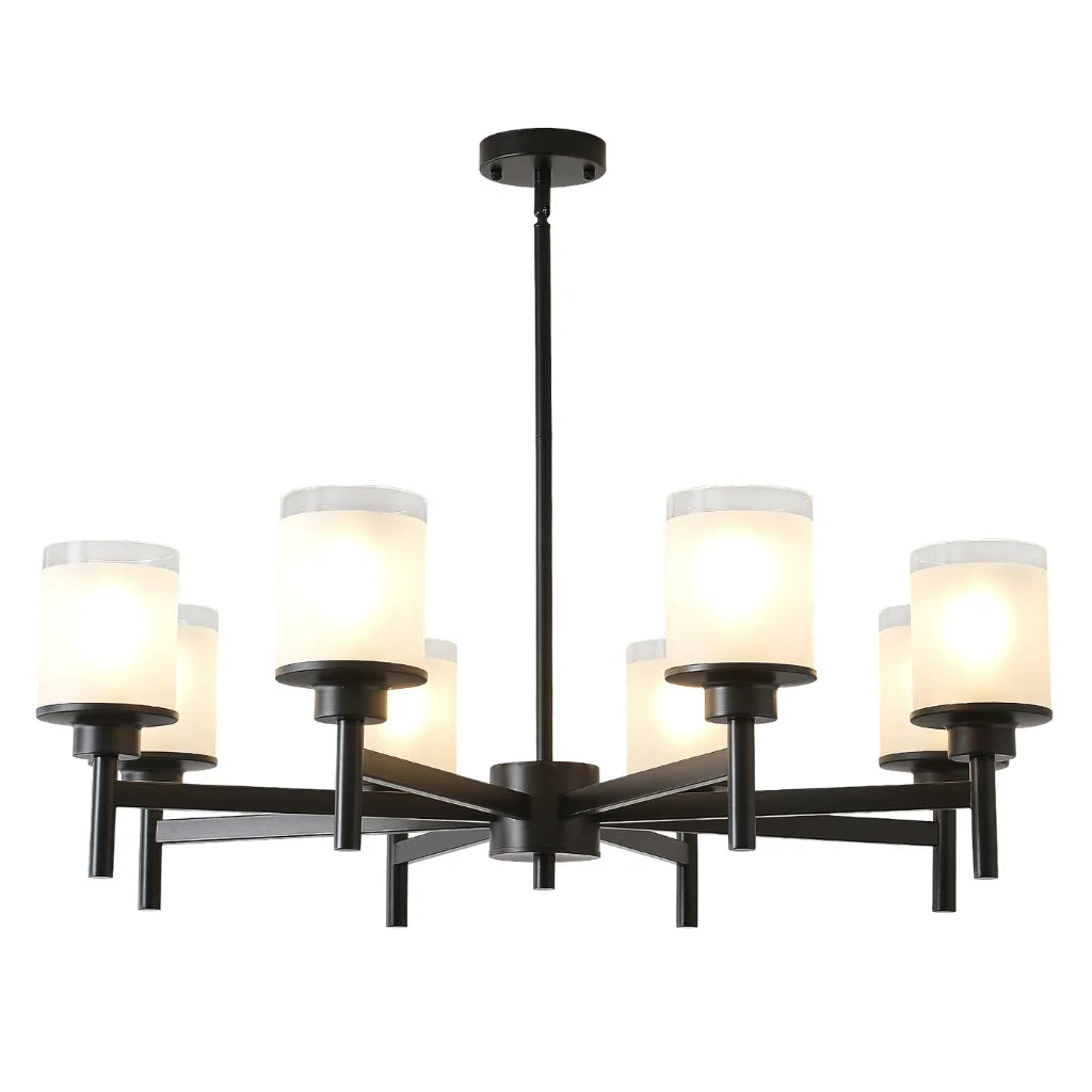 Clara matte black farmhouse chandelier with frosted glass shades front view on white background