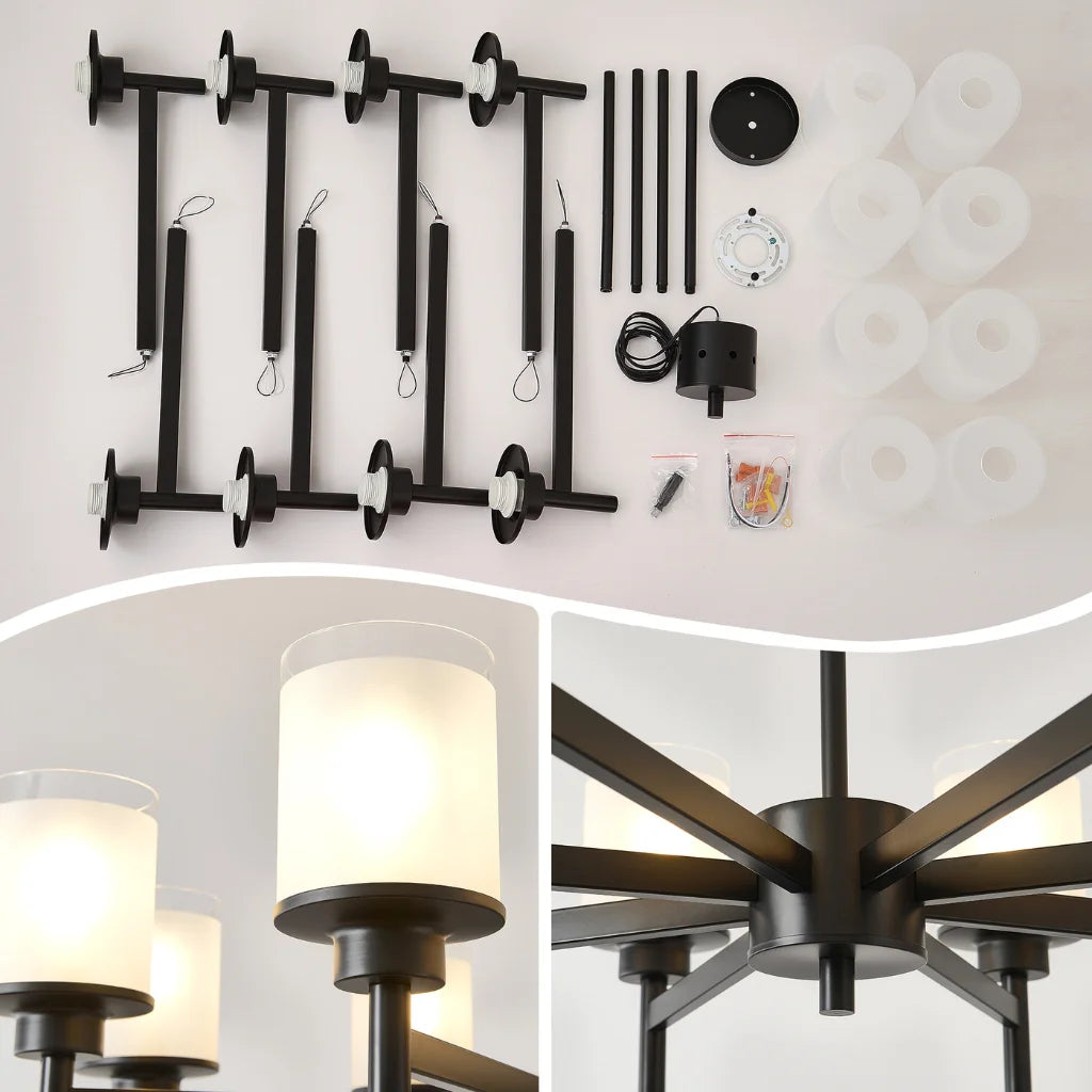 Clara matte black farmhouse chandelier adjustable height rods detail
