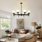 Clara matte black farmhouse chandelier in kitchen island setting