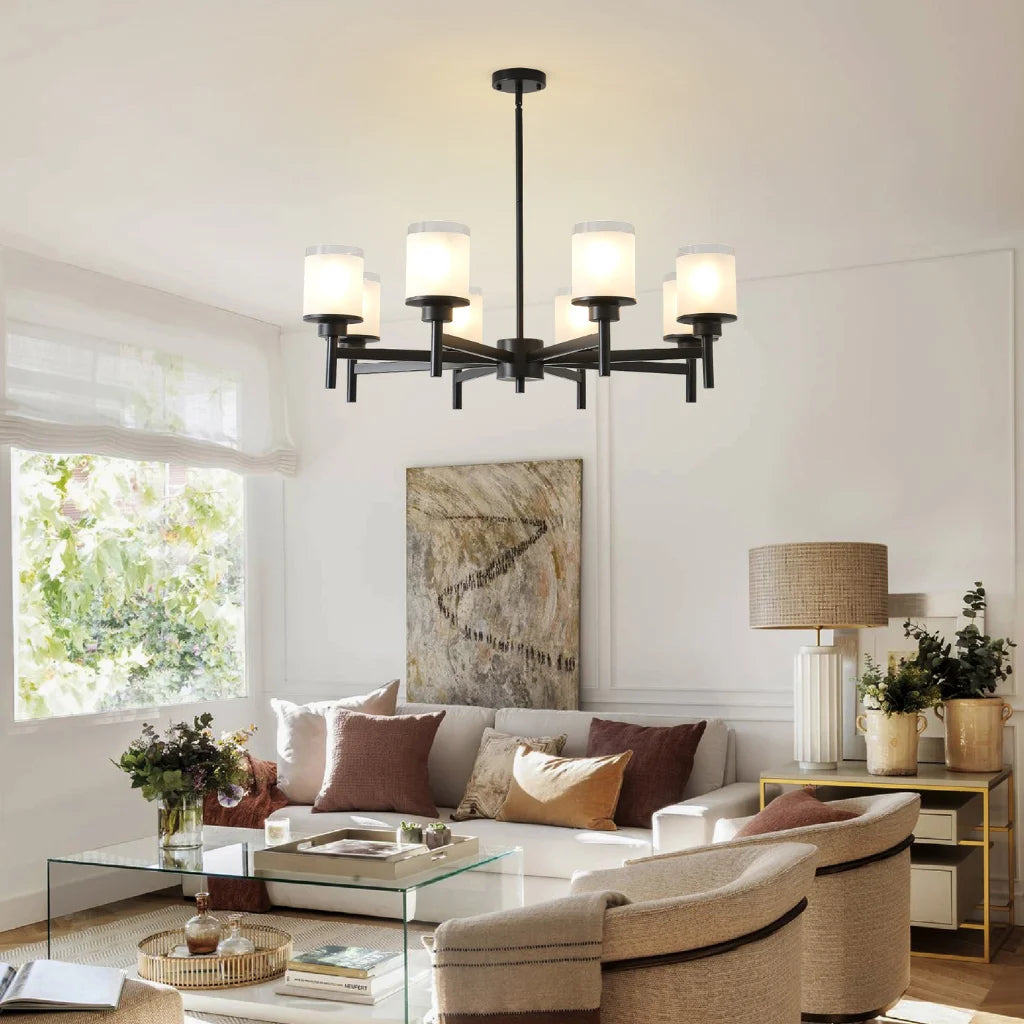Clara matte black farmhouse chandelier in kitchen island setting