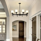 Clara matte black farmhouse chandelier frosted glass shade detail close-up