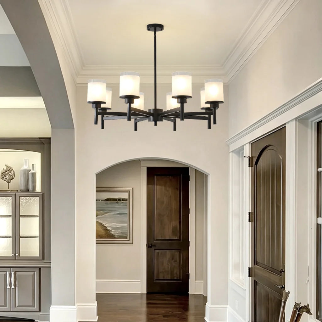 Clara matte black farmhouse chandelier frosted glass shade detail close-up