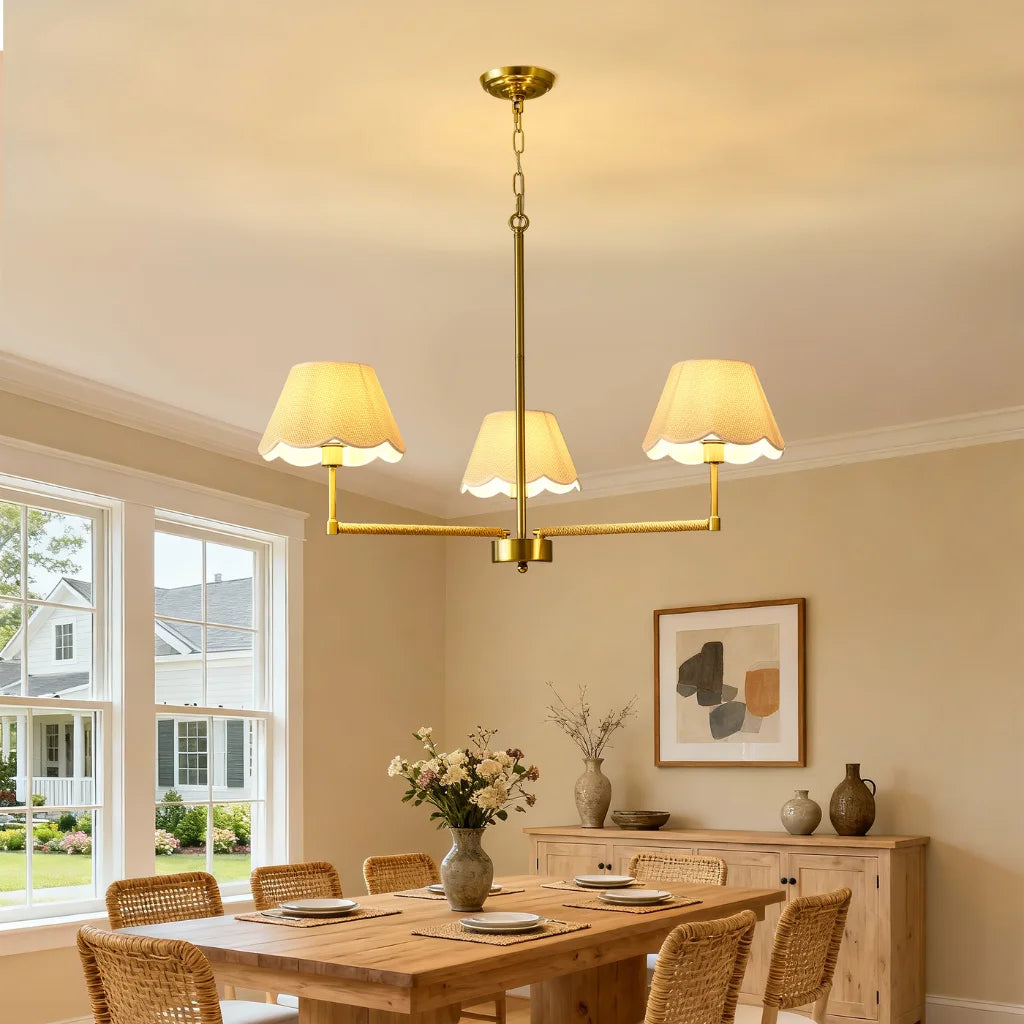 gold contemporary chandelier in living room setting