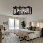 Nexus Metal Lantern Tiered Pendant Chandelier Matte Black in living room setting