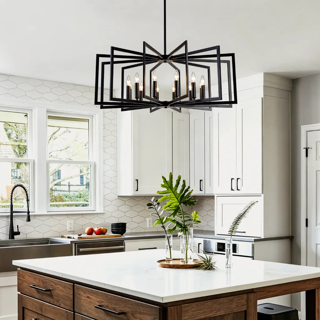 Nexus Metal Lantern Tiered Pendant Chandelier Matte Black in dining room interior
