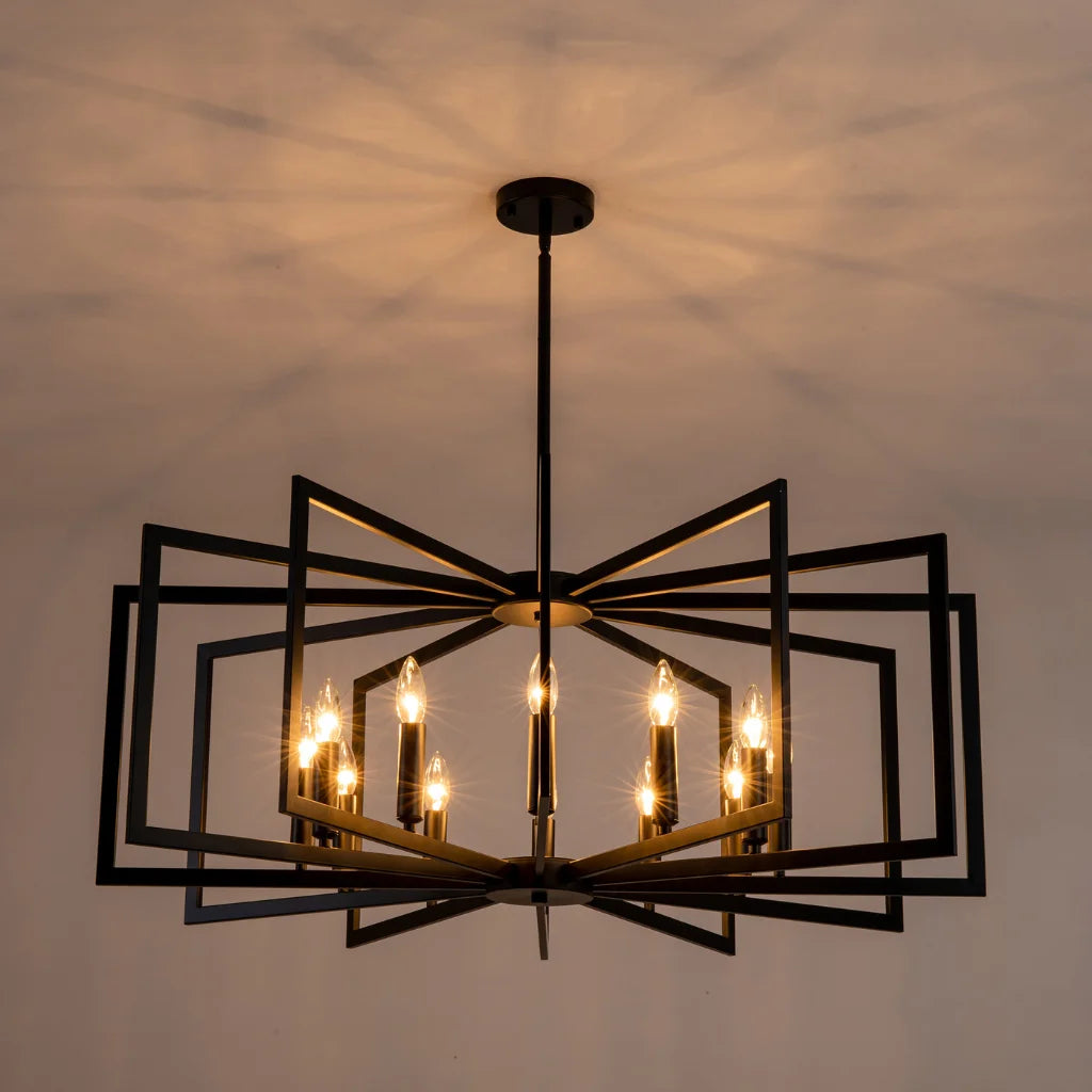 Nexus Metal Lantern Tiered Pendant Chandelier Matte Black metal lantern cage detail close-up
