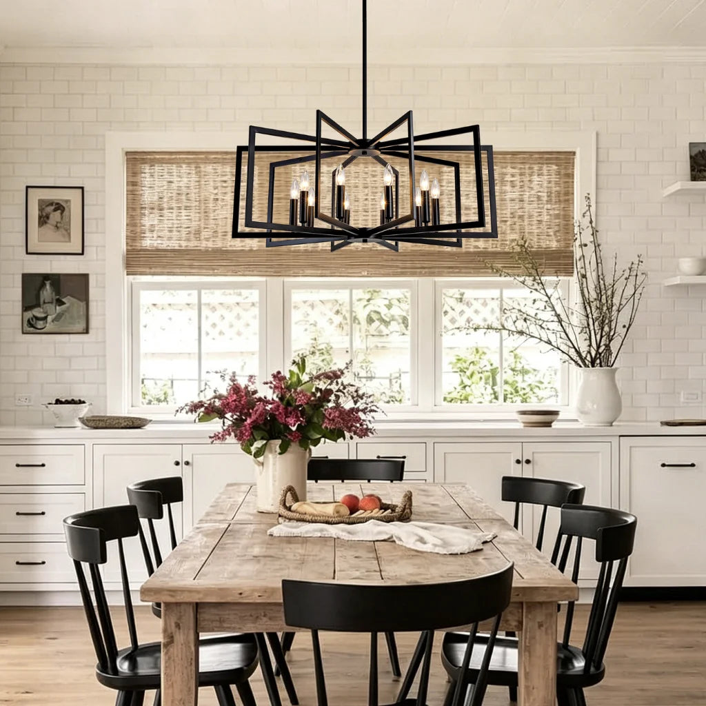 Nexus Metal Lantern Tiered Pendant Chandelier Matte Black in kitchen island setting
