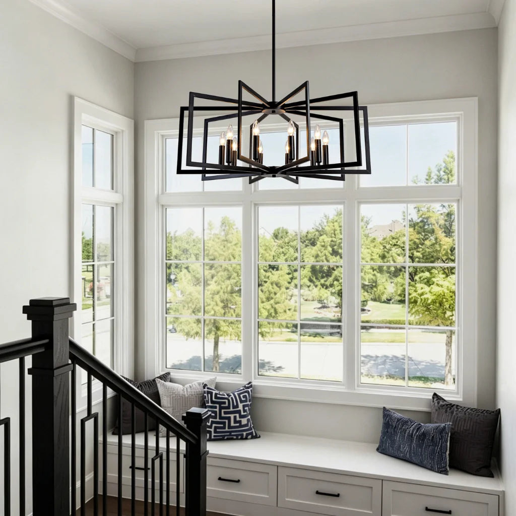 Nexus Metal Lantern Tiered Pendant Chandelier Matte Black in foyer entryway setting