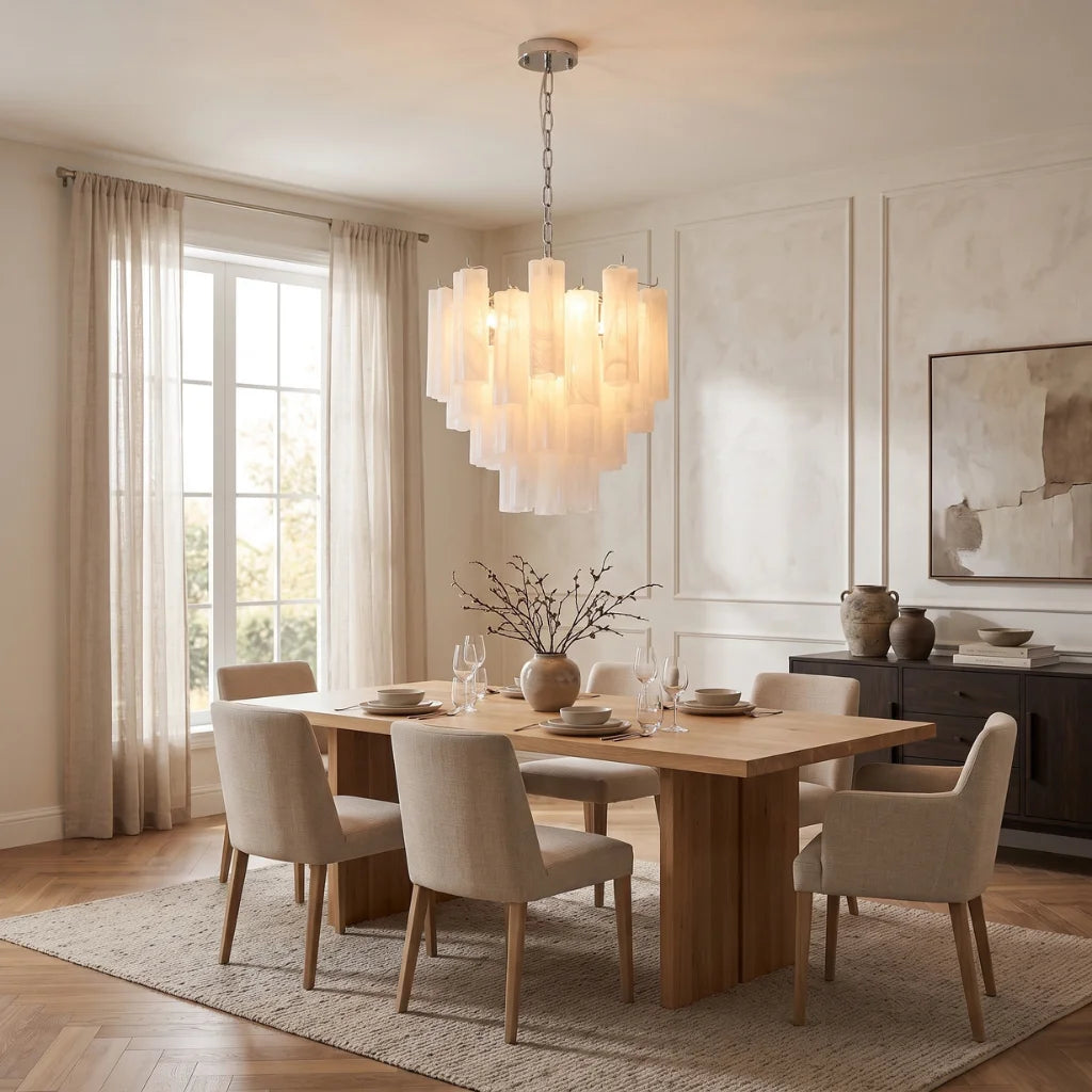 Tubular glass chandelier in high ceiling setting