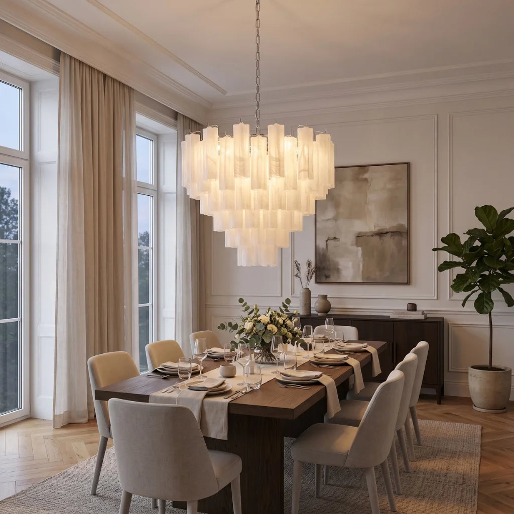 Tubular glass chandelier in dining room setting